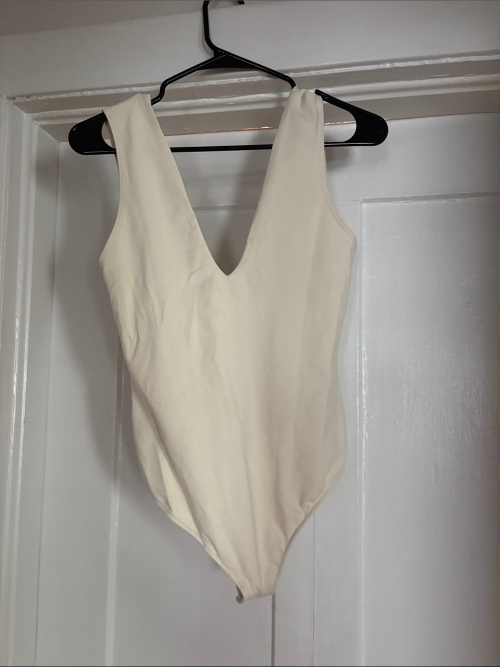 Free People Cream V-Neck Low-Back, Lined Bodysuit